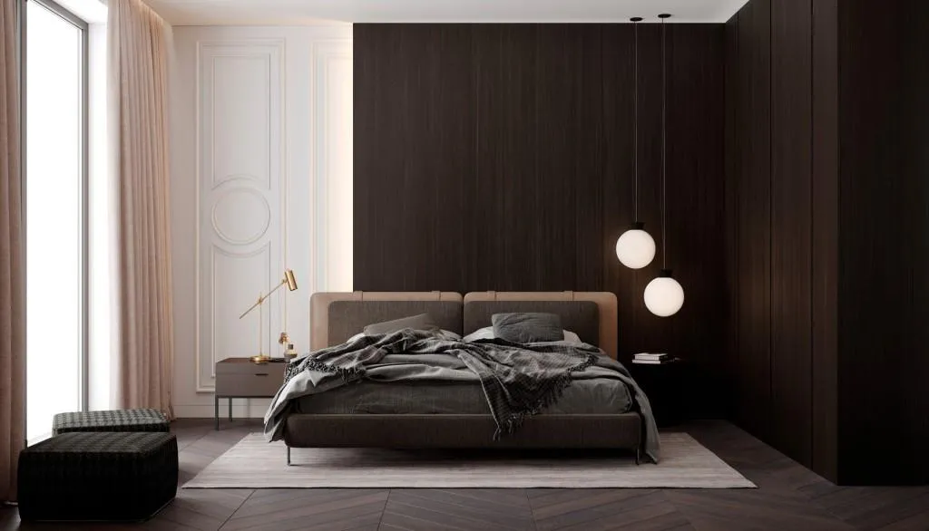 brown bedroom with a modern wood double bed design, rug, pendant lights and side table