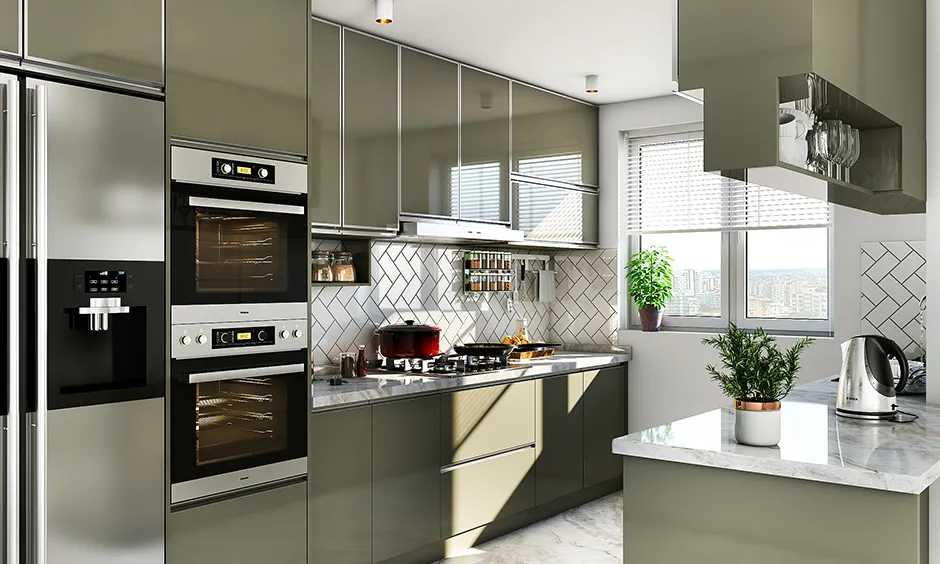 green cooking space in a parallel format with built-in appliances