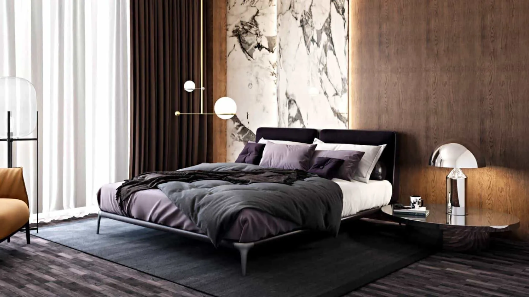 brown bedroom with a modern woode double bed design, pendant lights, black rug amd accent wall