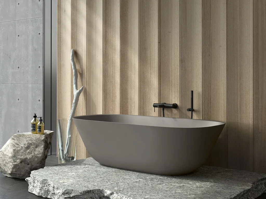 theano bathtub in grey colour in a modern bathroom, 275 years of Villeroy & Boch 