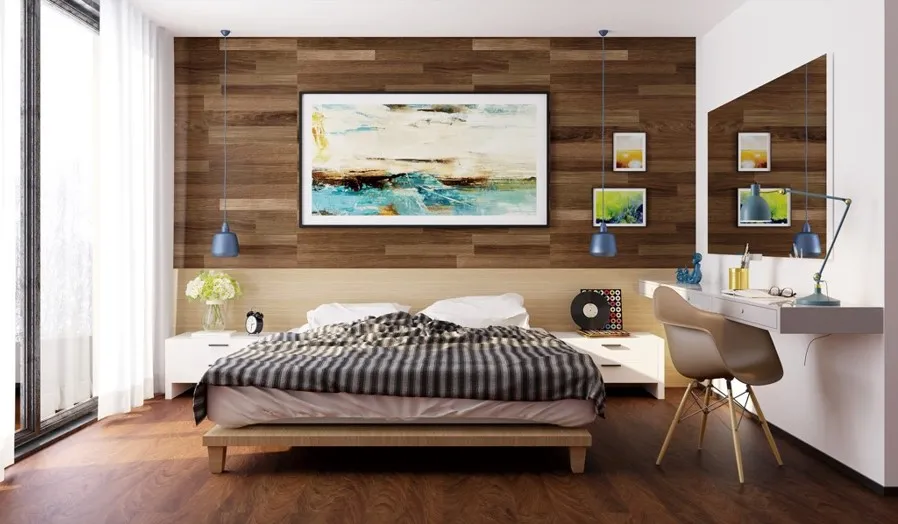 a bedroom with raufloor neostein rigid vinyl tile flooring solution