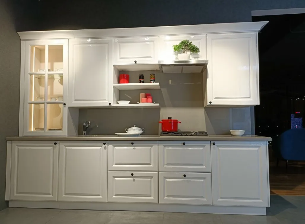 REHAU premium modular kitchen, white cabinets, glossy finish, classy look