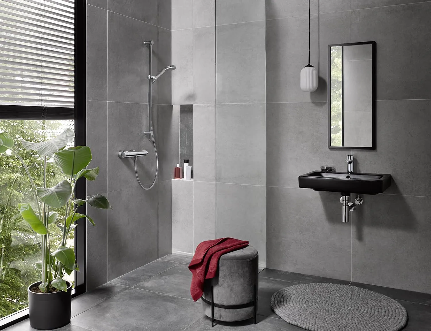 Schell Modus shower thermostat in a grey themed bathroom for temperature control
