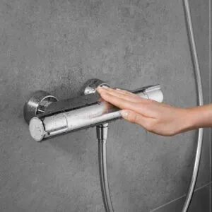 Modus shower in a grey themed bathroom