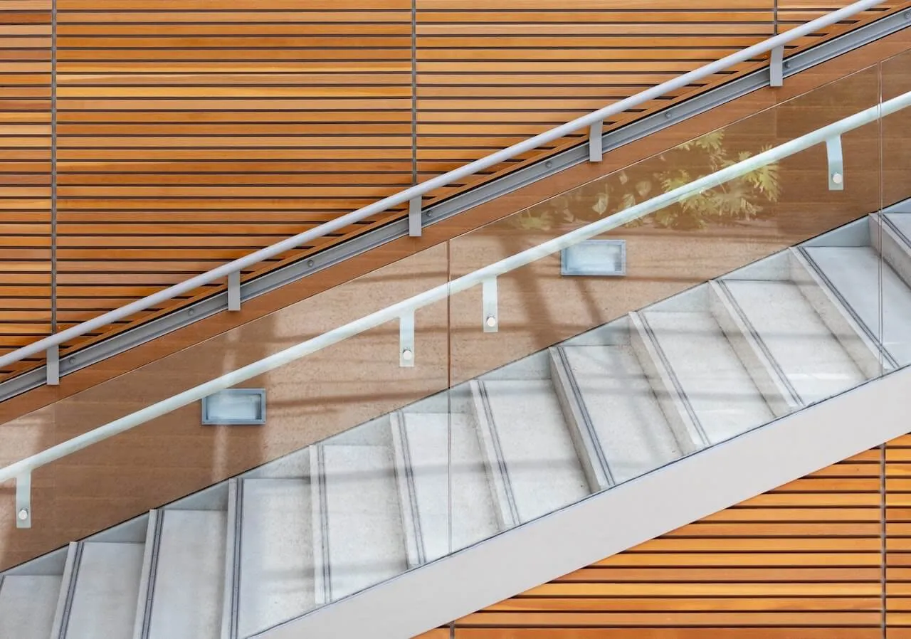 glass and acrylic stairs with wooden background, perfect for modern household, small space staircase, small space stair ideas