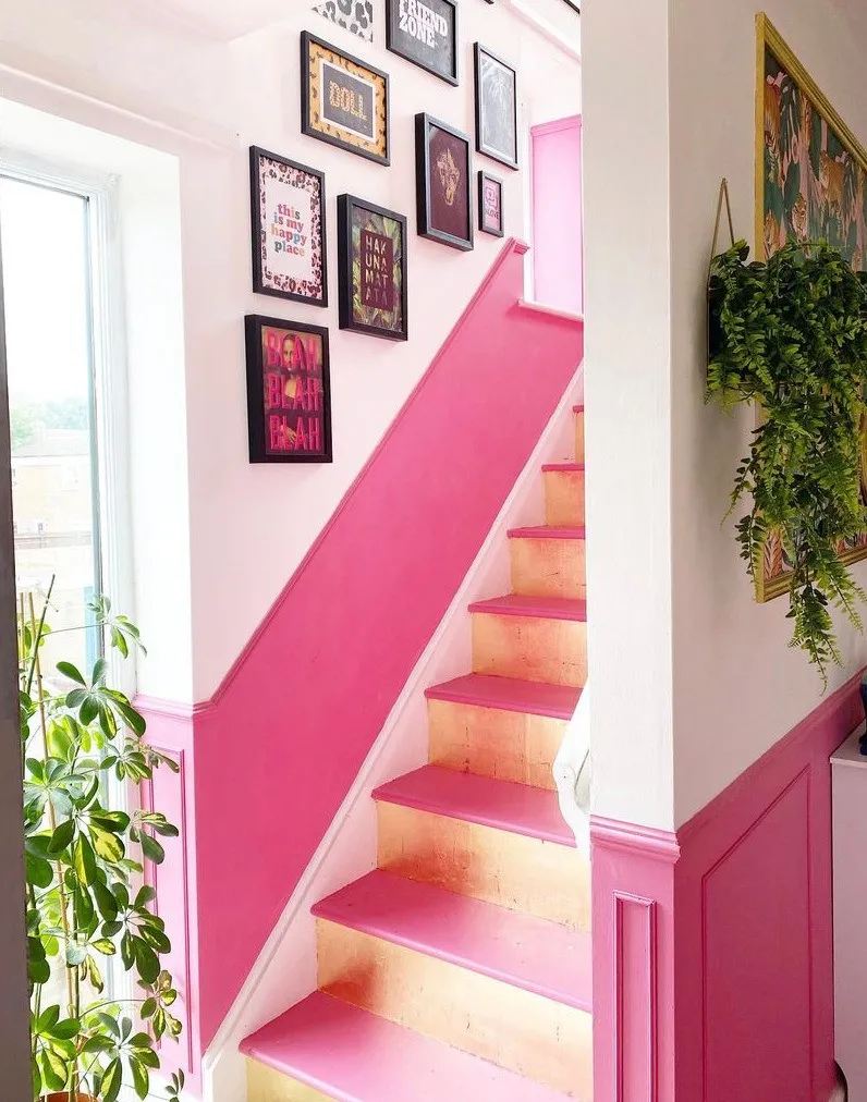 all pink stairs, indoor plants, vastu-approved, wall decor