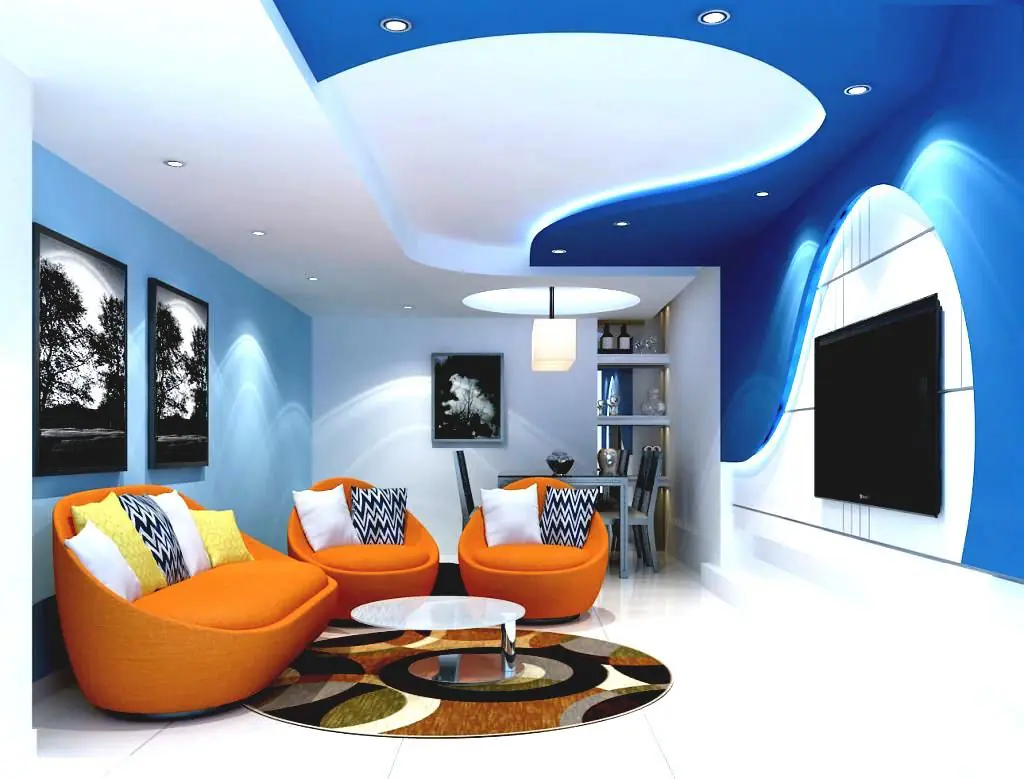 white and blue false ceiling colour for living room design