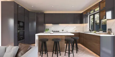 black modular kitchen interior design with a simple kitchen island with chairs