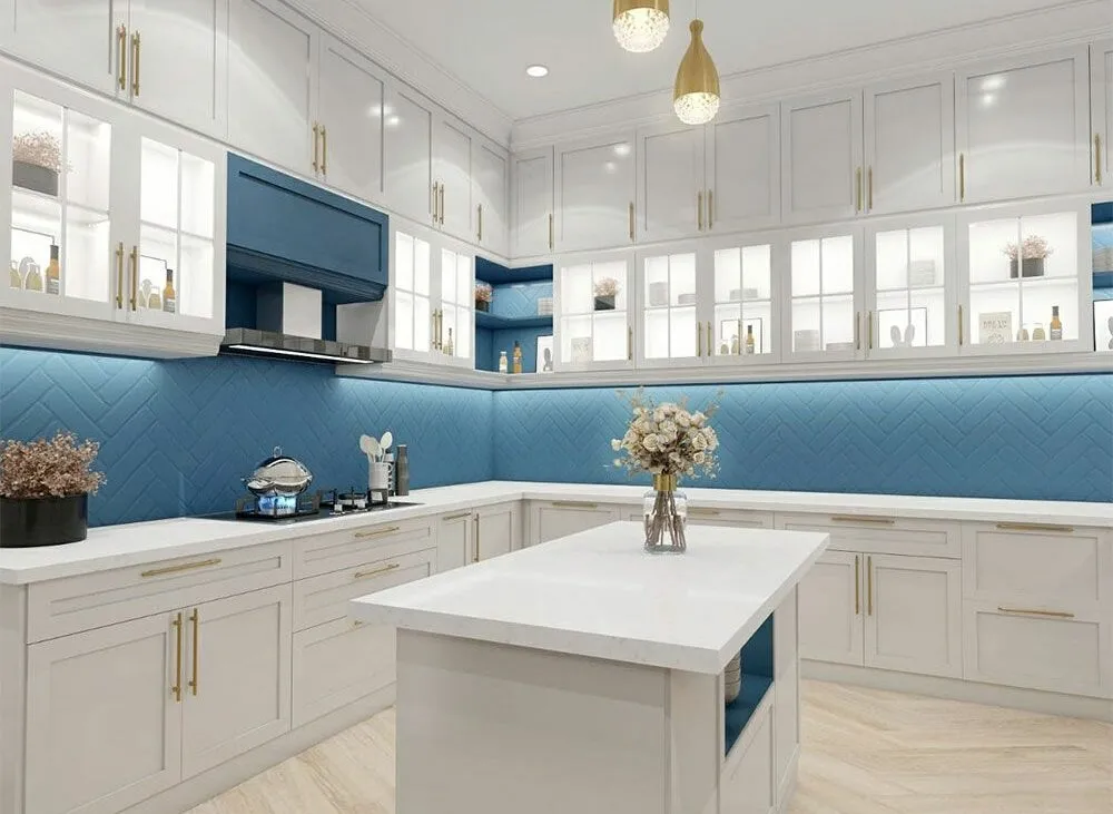 blue kitchen backsplash with white kitchen cupboards, cabinets and appliances