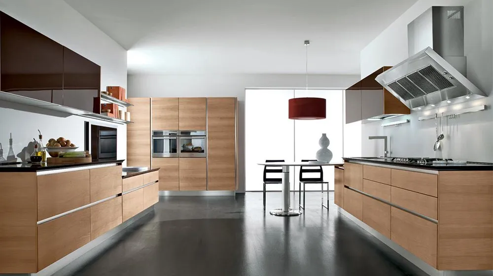 brown parallel kitchen layout with brown cabinets and appliances