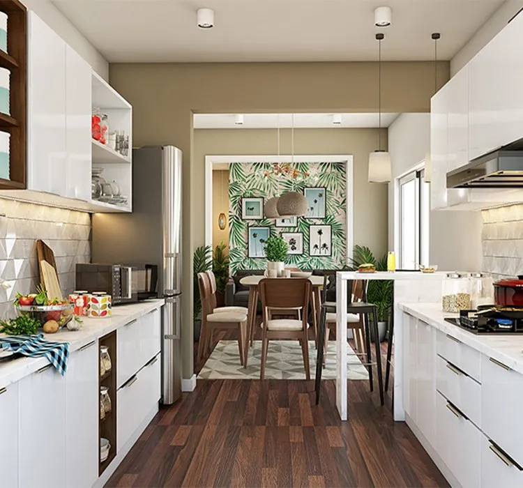 white parallel kitchen layout with appliances, cabinets and cupboards