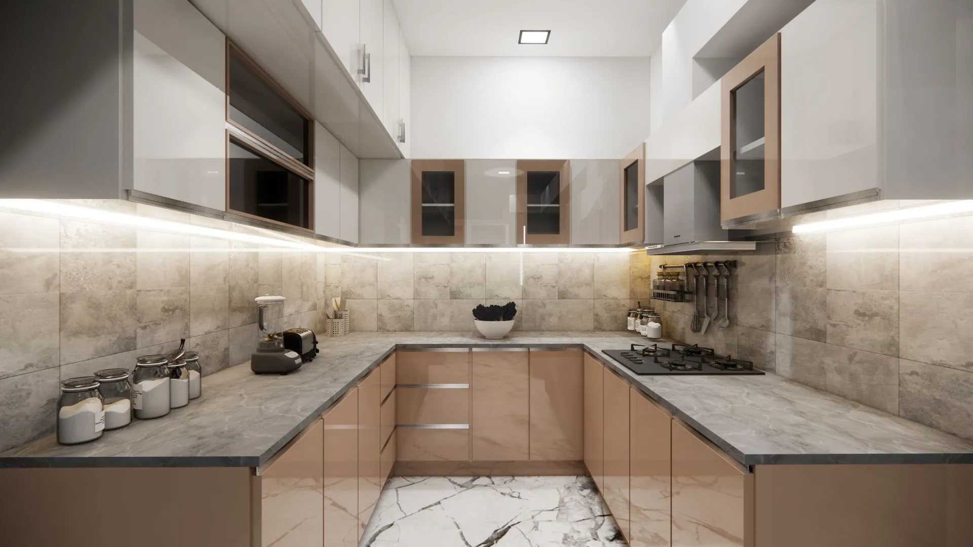 U shaped kitchen with brown cupboards, appliances and cabinets