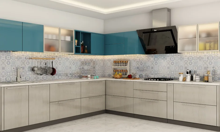 white cooking space with blue accents, cabinets, cupboards and appliances