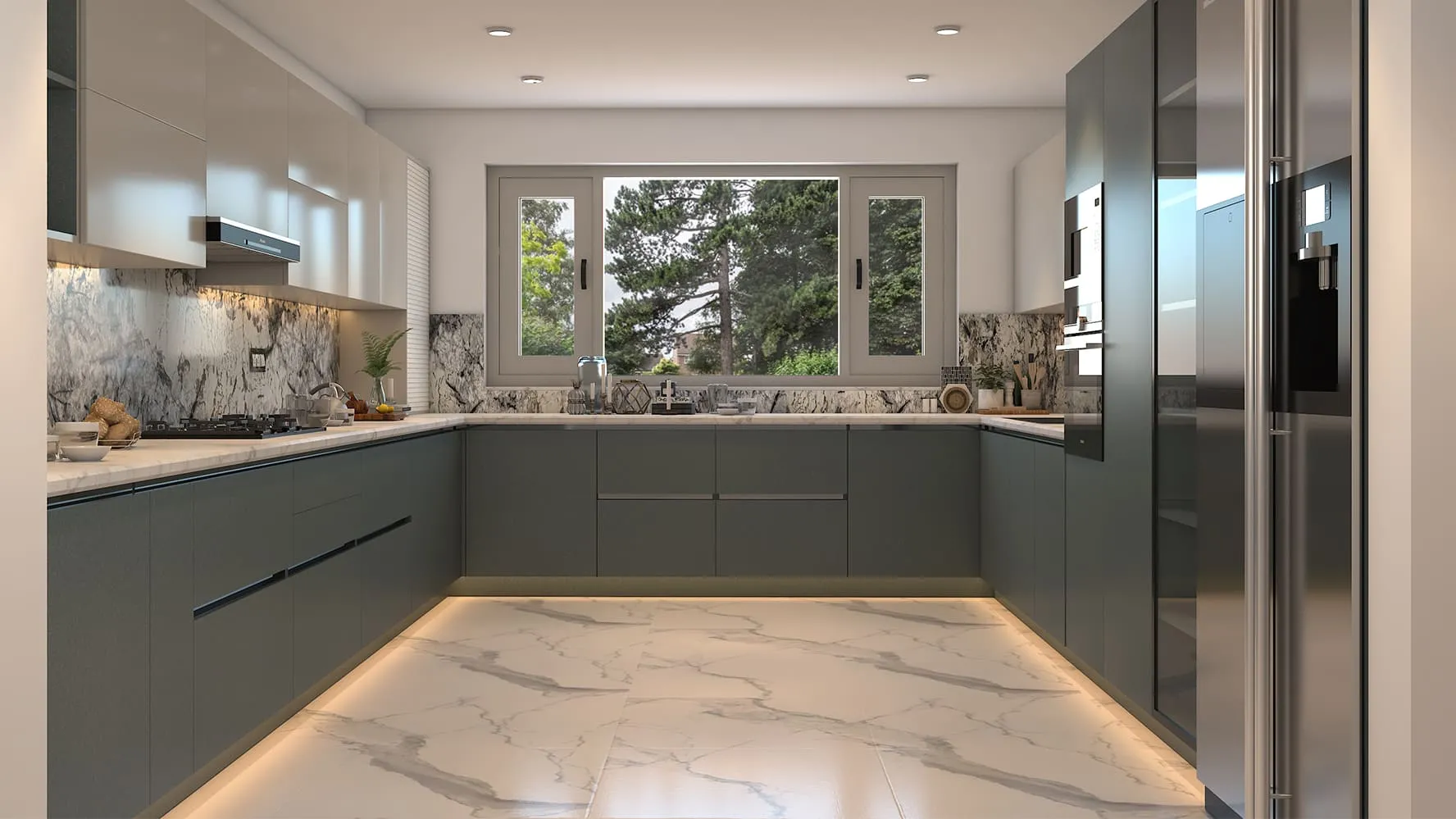 green cooking space with marble flooring, cabinets and appliances