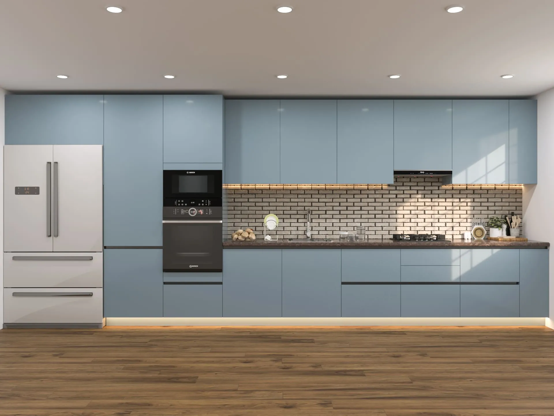 blue cooking space with cabinets, cupboards, appliances and brown wooden flooring