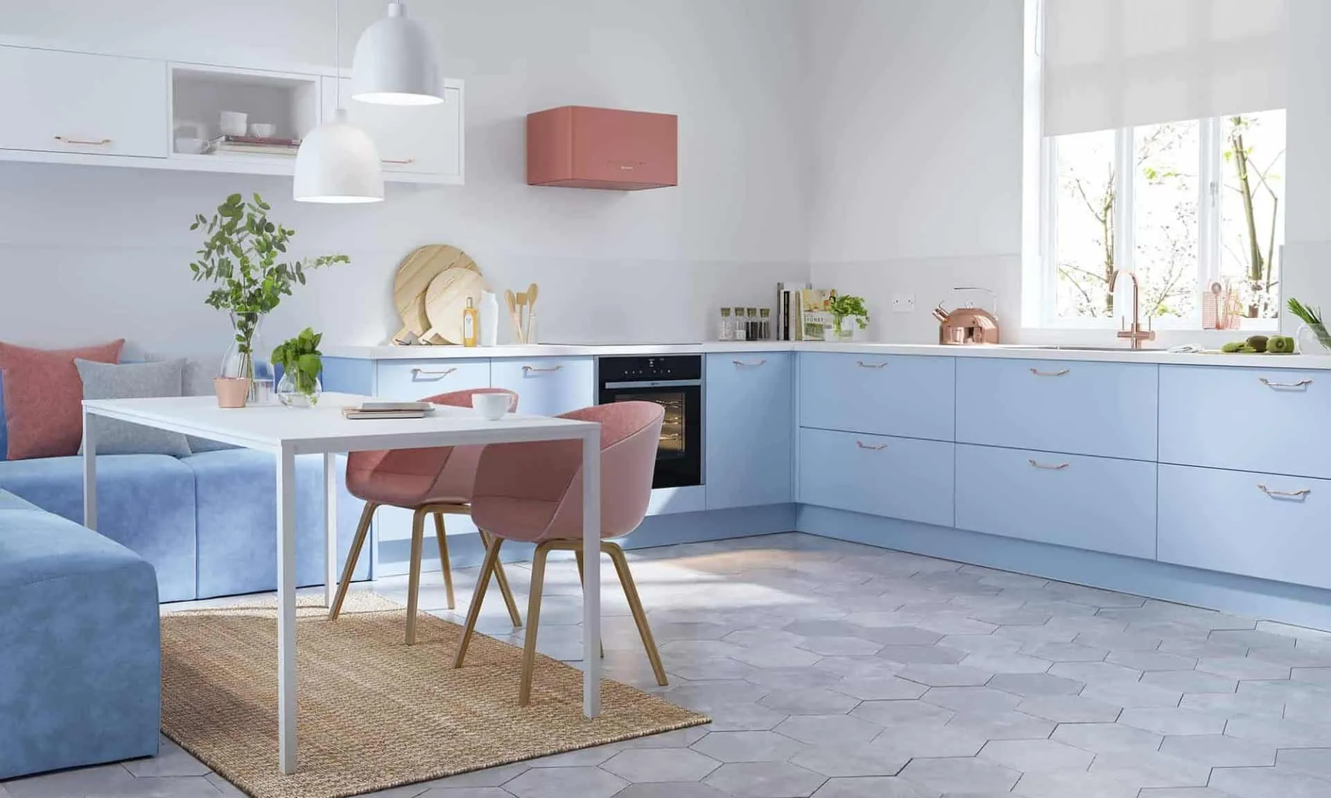 blue cooking space with chair, table, rug, cabinets and appliances