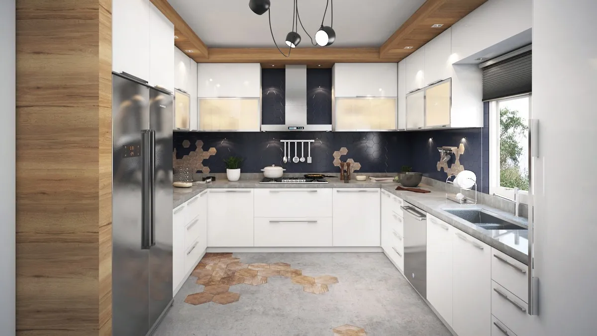 white u shaped layout with cabinets, cupboards and appliances