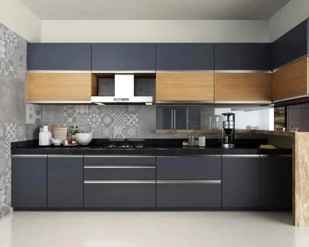 black cooking space with brown accents, cabinets and appliances