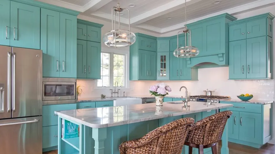 A kitchen with turquoise colour and wooden chairs, elegant luxury modern kitchen designs