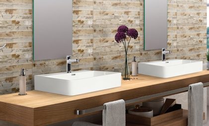 beige tiles of AGL in a bathroom with sinks in a showroom at affordable price with catalogue Vs Kajaria tiles