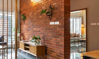 red fly ash bricks type exposed wall in a hall in standard dimensions and price