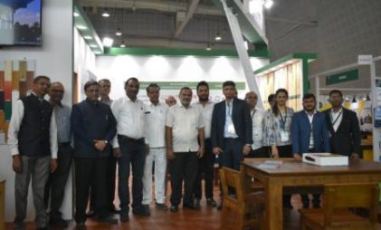 Canadian Wood team members with Mr.Navnit Gajjar, President Kandla Timber Association (6th from the left) with fellow members  at Canadian Wood booth, Woodex Asia 2019