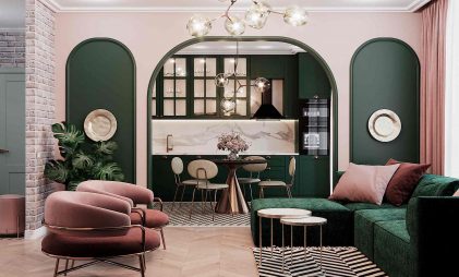 pink and green walls colour combination for living, drawing, bed room & hallwith green sofa, rug and table