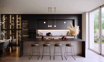 modern kitchen design with latest decor ideas using pendant lights, faux plants, cabinet lightings, accent furniture, and backlit marble backsplash