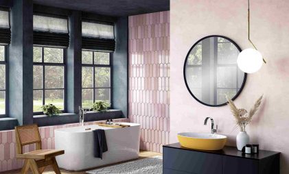 modern bathroom design ideas for small master bathrooms with tiles pink bathroom with a yellow sink, cabinet and a bathtub