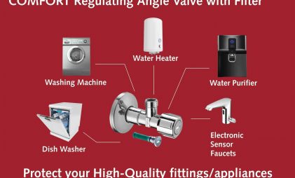 Filter angle stop valve for toilets and sink with a picture with maroon background