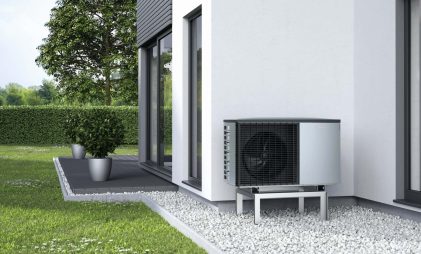 air to water heat pump installed in outdoor space, convector domestic heat pump