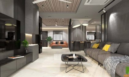 living room with tv, table, sofa, grey walls, chairs, modern home by the best top 10 interior designer companies in hyderabad