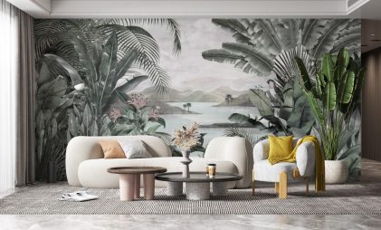 designer living room wallpaper adorning the walls of this elegant home sporting a tropical design in green colours along with a sofa, table and chair