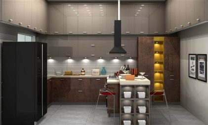 grey and brown glossy modular kitchen