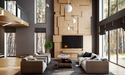 modern wood wall paneling in a living room