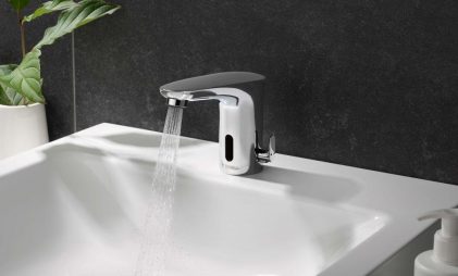 washbasin mixer taps in chrome finish, electronic sensor fittings and products for sustainable plumbing