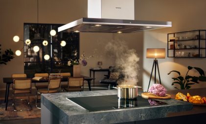 luxury kitchen design with built in induction hob and stainless steel island kitchen hood, siemens modular kitchen chimney