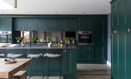 dark green shaker kitchen cabinets and island with stainless steel appliances