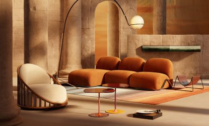 deep orange coloured designer sofa set with rounded edges in a nordic-style living room