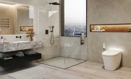 ViClean-IH+ - intelligent shower toilet by villeroy & boch in a beige bathroom with a shower and washbasin