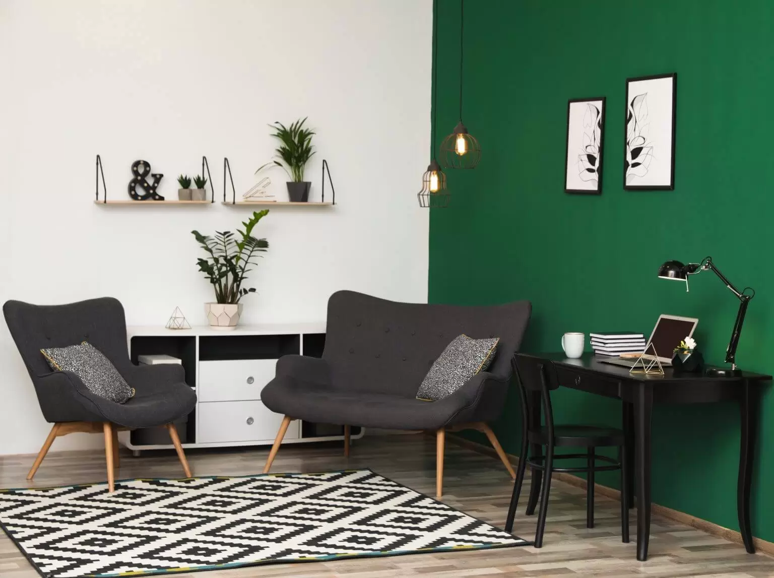 green and white living room with chair table and plant colour combination for hall