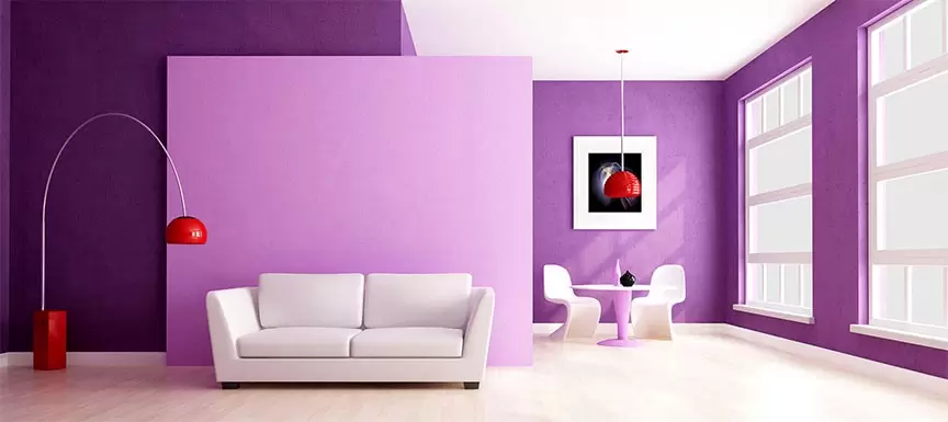 violet and lilac hall with sofa, table & chair colour combination for bed room, living room, drawing room and hall walls