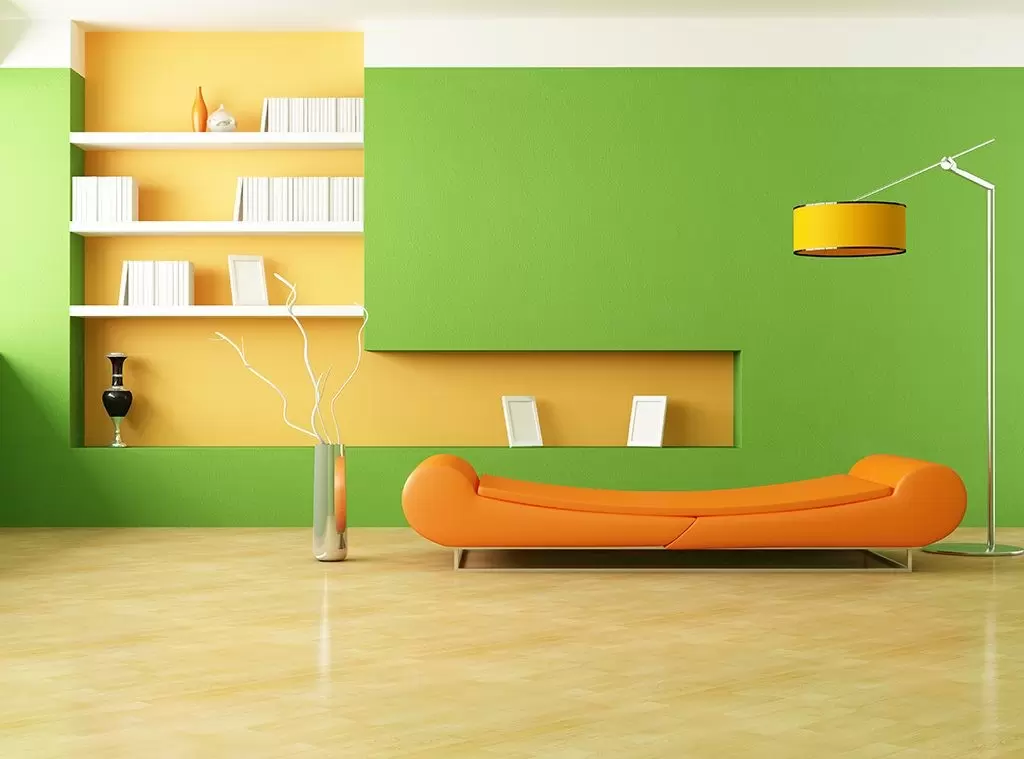green and brown hall with orange sofa, lamp and shelf, colour combination for bed room, living room, drawing room and hall walls