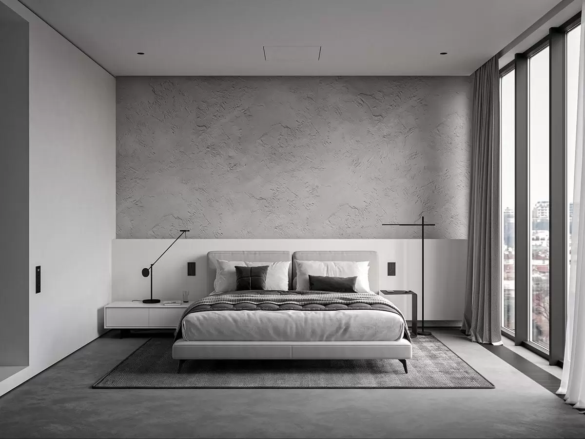 grey bedroom, with bed and rug