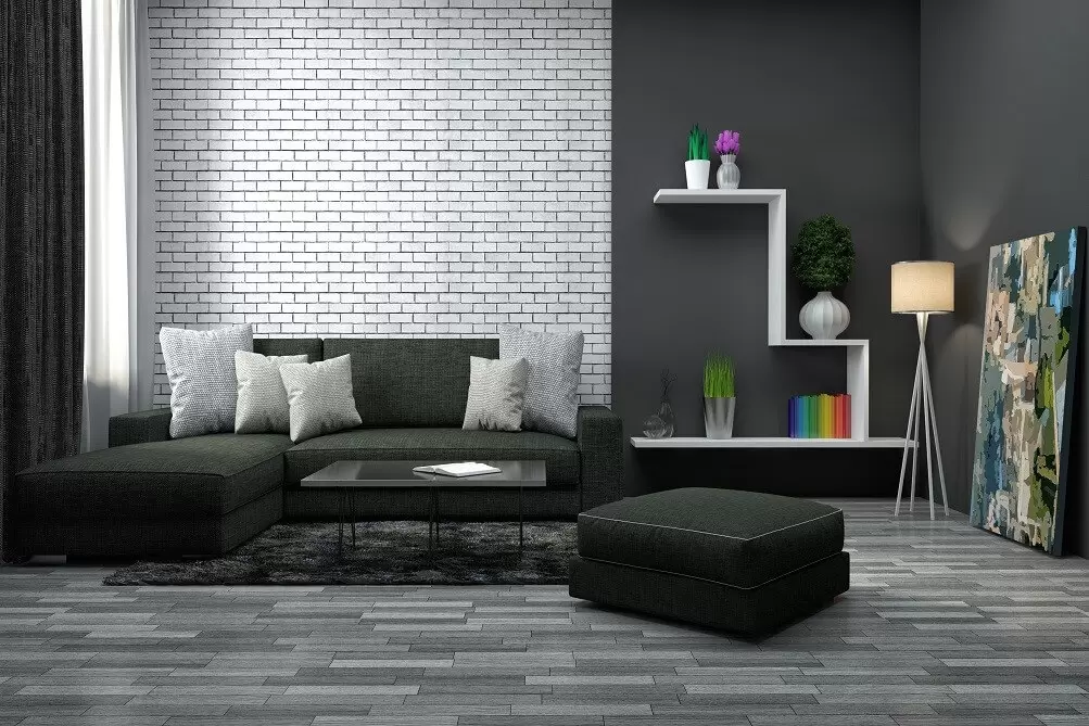 black and white living room with sofa, table and shelf