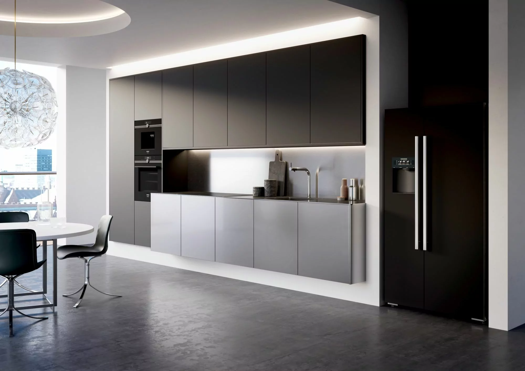 black modern luxury kitchen with integrated appliances and concealed lighting